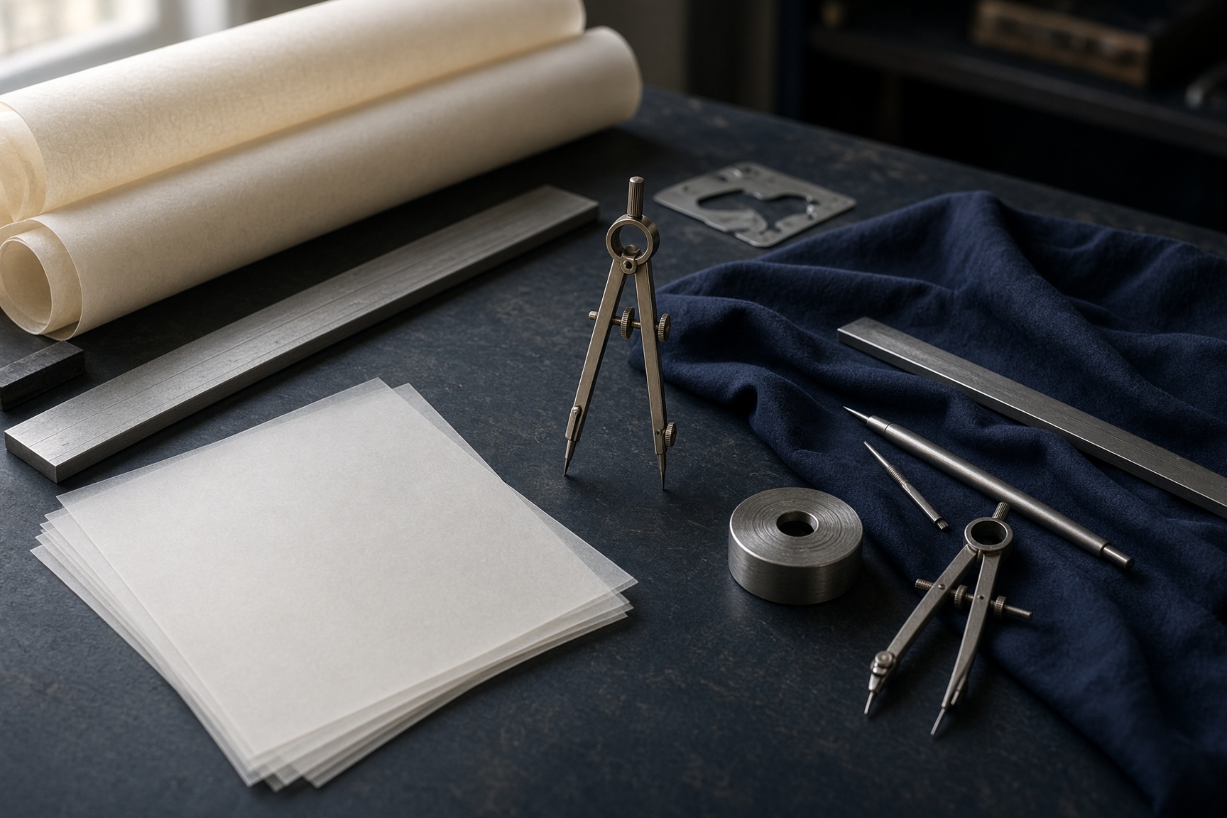 Mesa de trabajo de ingeniería: instrumentos de dibujo, papel y acero.